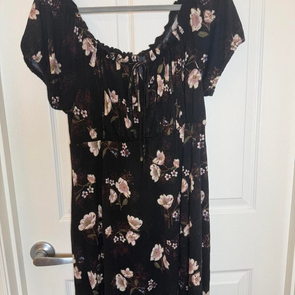 Black Floral Boho Midi Dress Short Sleeve Tie Front Cottagecore